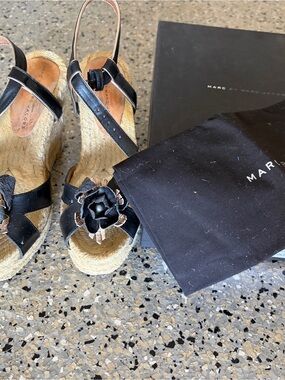 Marc by Marc Jacobs Black Leather Floral Espadrille Wedge Sandals